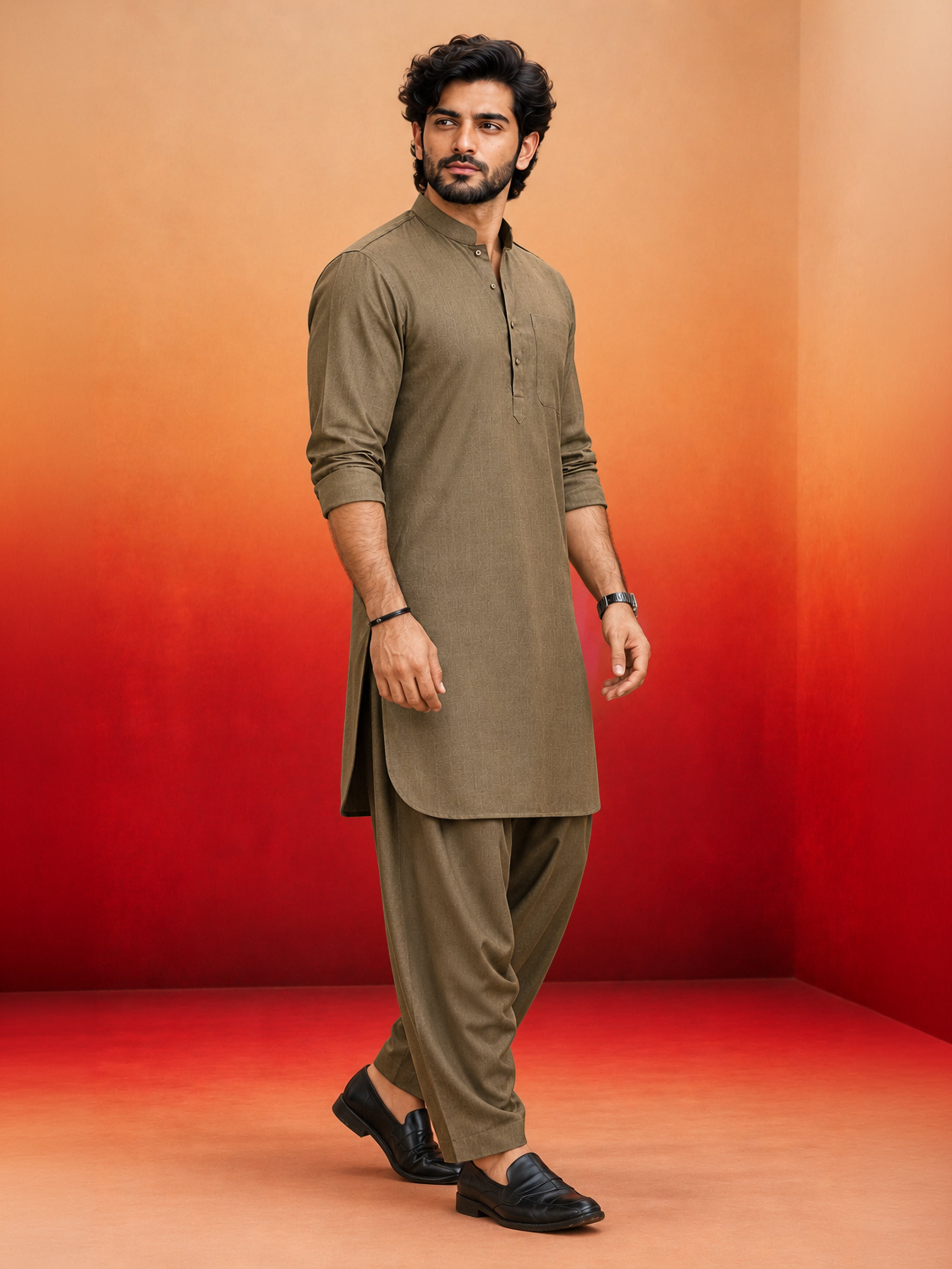 Men's Chiku Solid Swiss Slub Cotton Pathani Kurta with Chiku Silk Blend Patiala