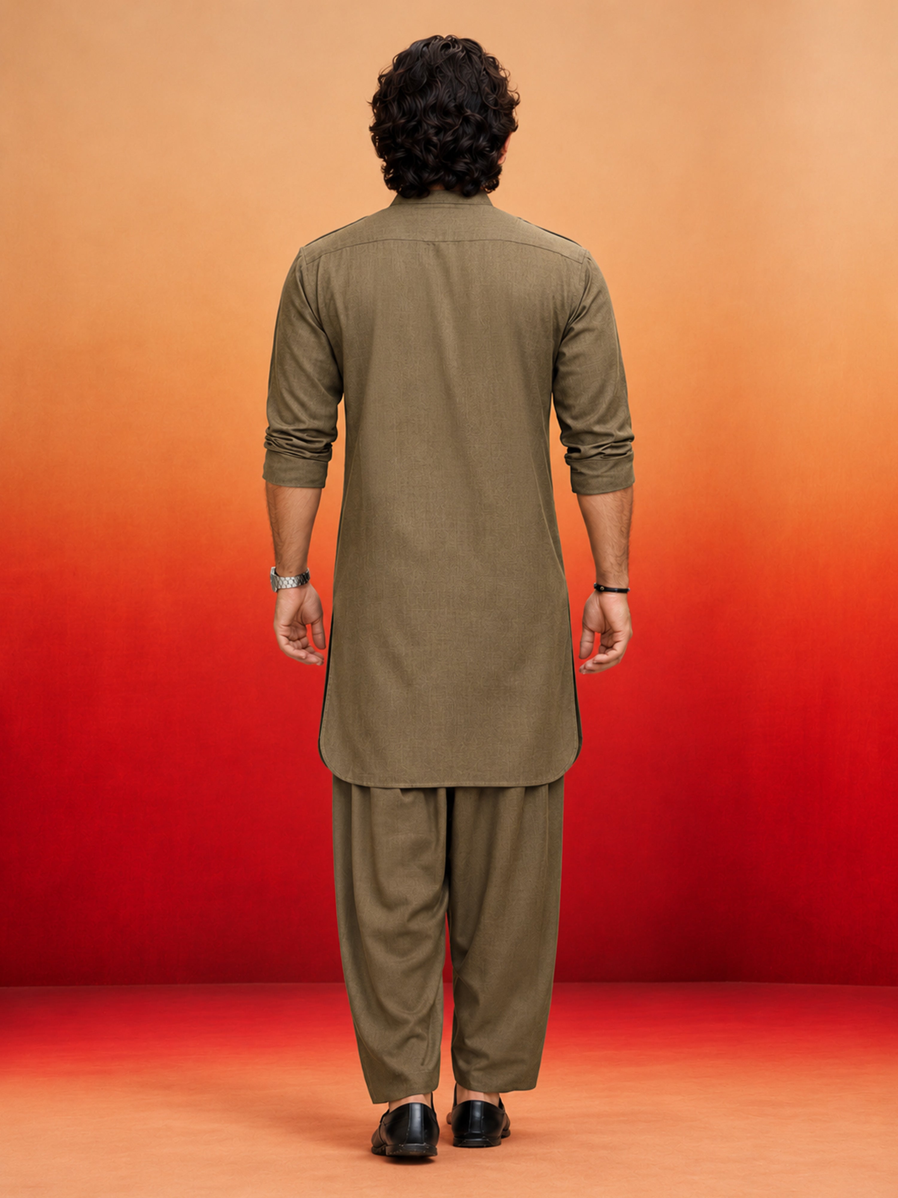 Men's Chiku Solid Swiss Slub Cotton Pathani Kurta with Chiku Silk Blend Patiala