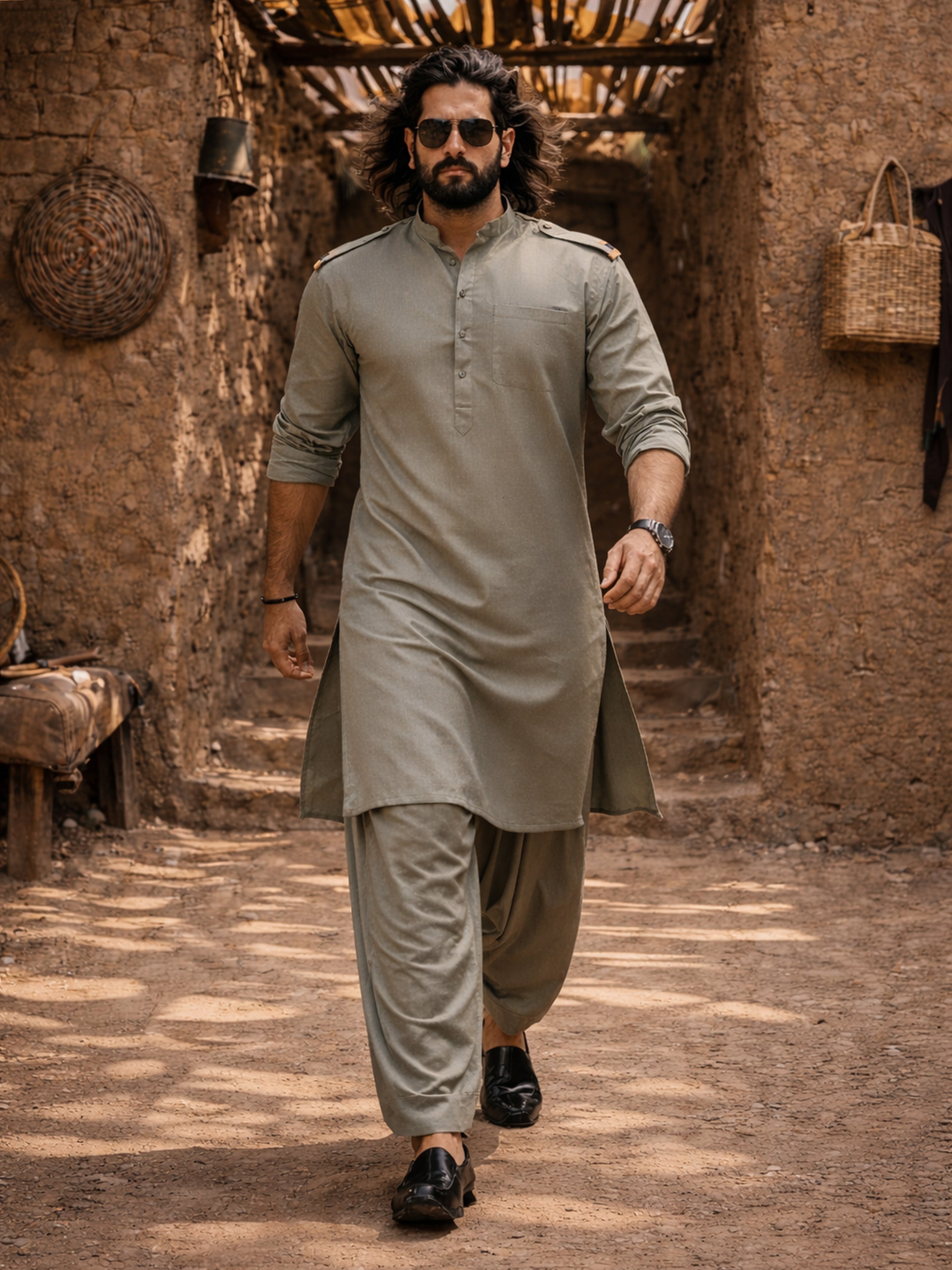 Man in traditional attire walking through a rustic alleyway.