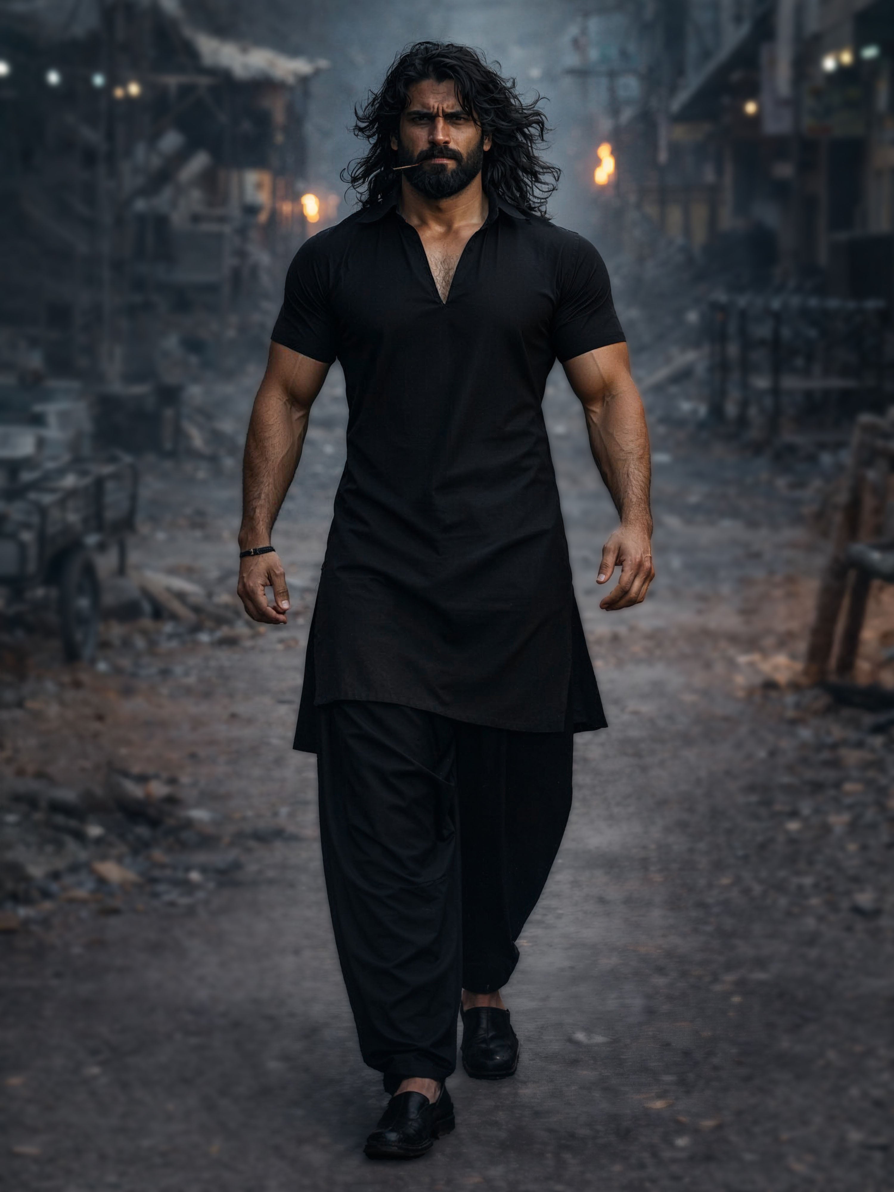 Man in black outfit walking through a dark, possibly post-apocalyptic setting.