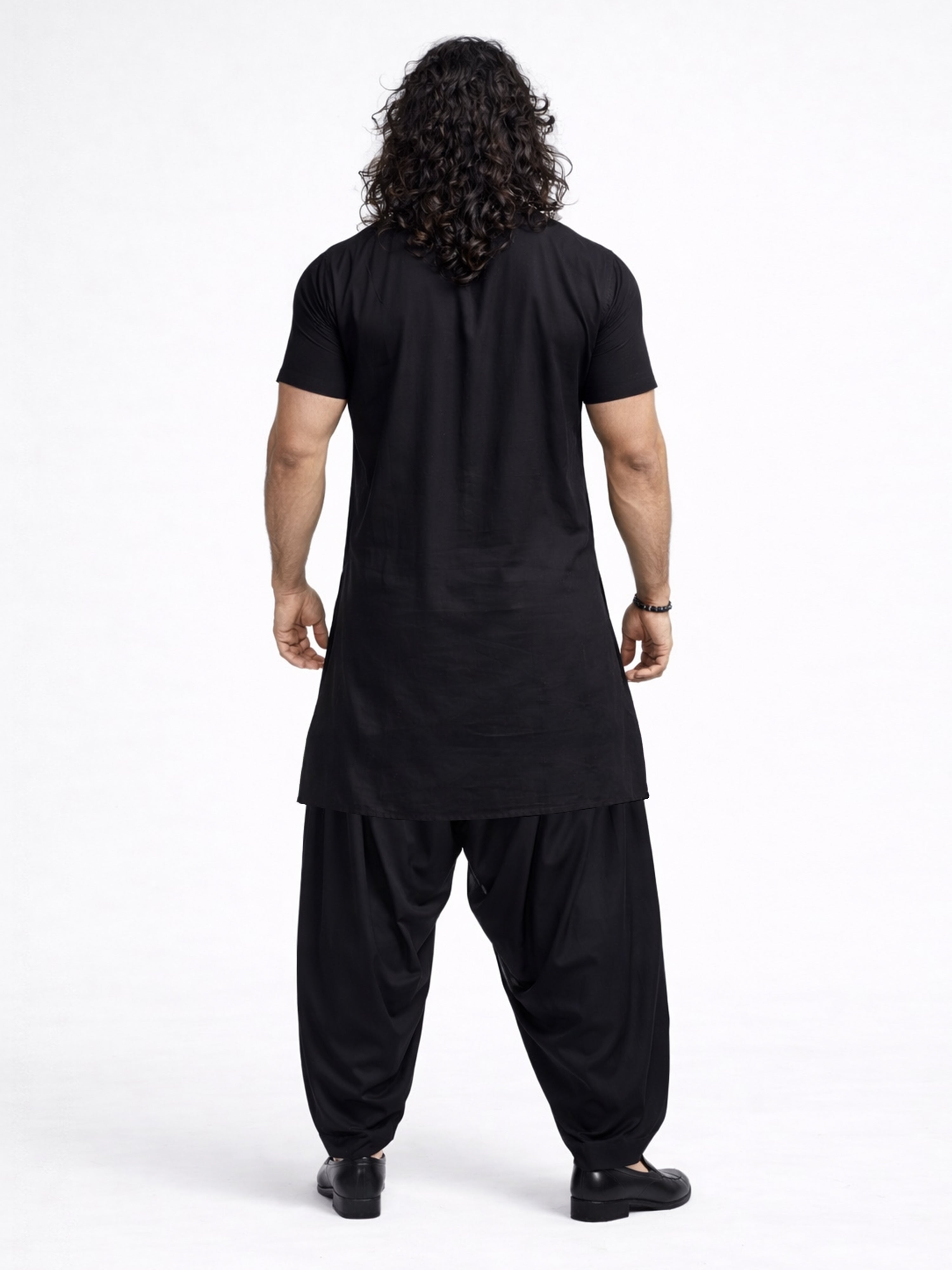 Men's Black Solid Cotton Silk Shirt Collar Short Sleeve Kurta with Black Silk Blend Patiala