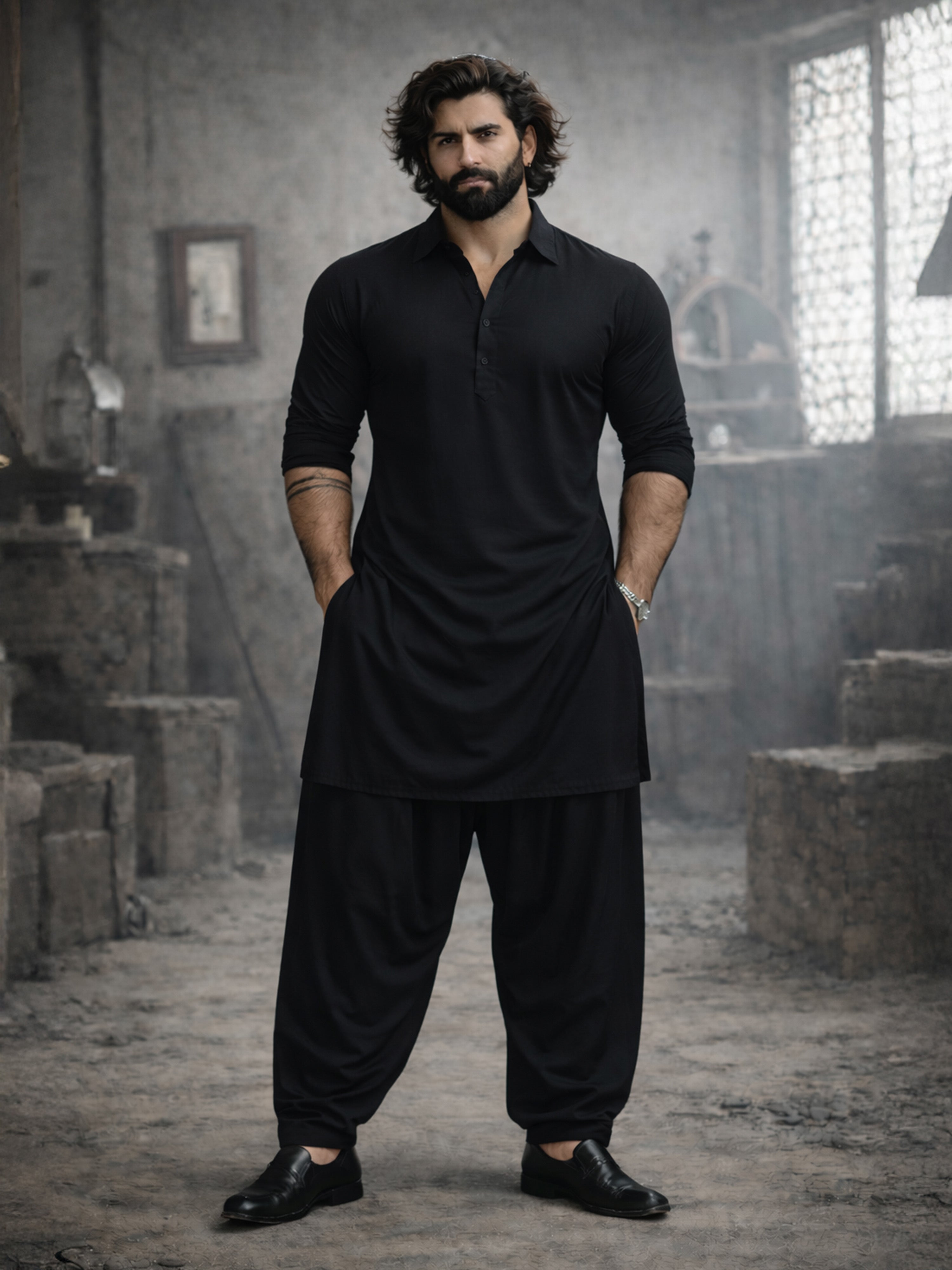 Men's Black Viscose Pathani Kurta Set
