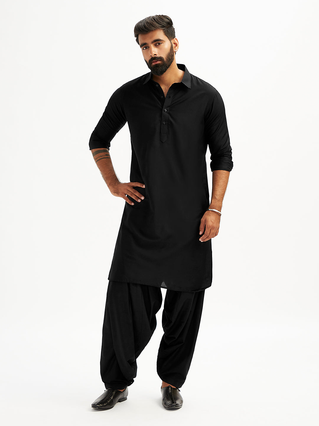Men's Black Viscose Pathani Kurta Set