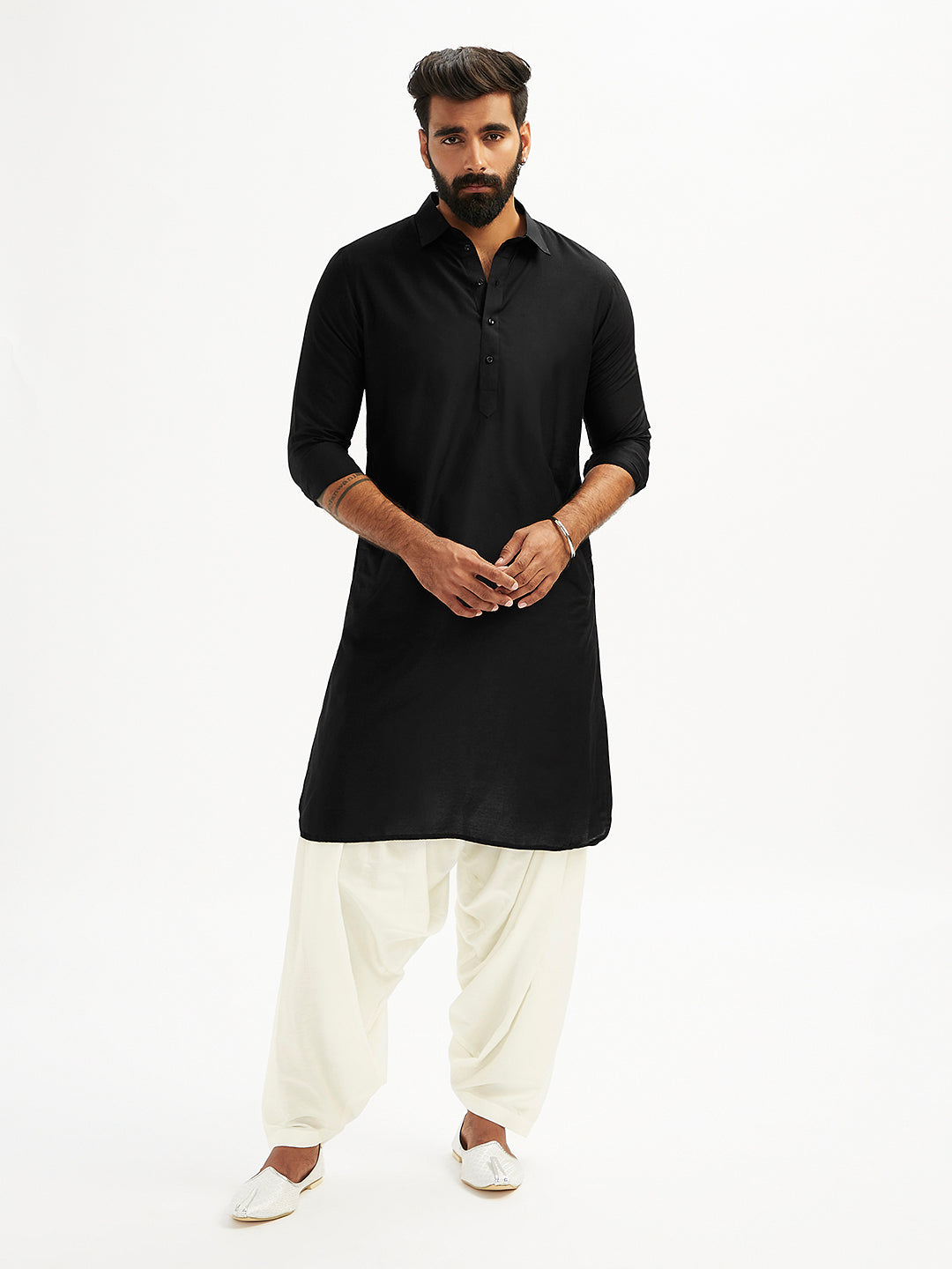 Men's Black And White Viscose Pathani Kurta Set
