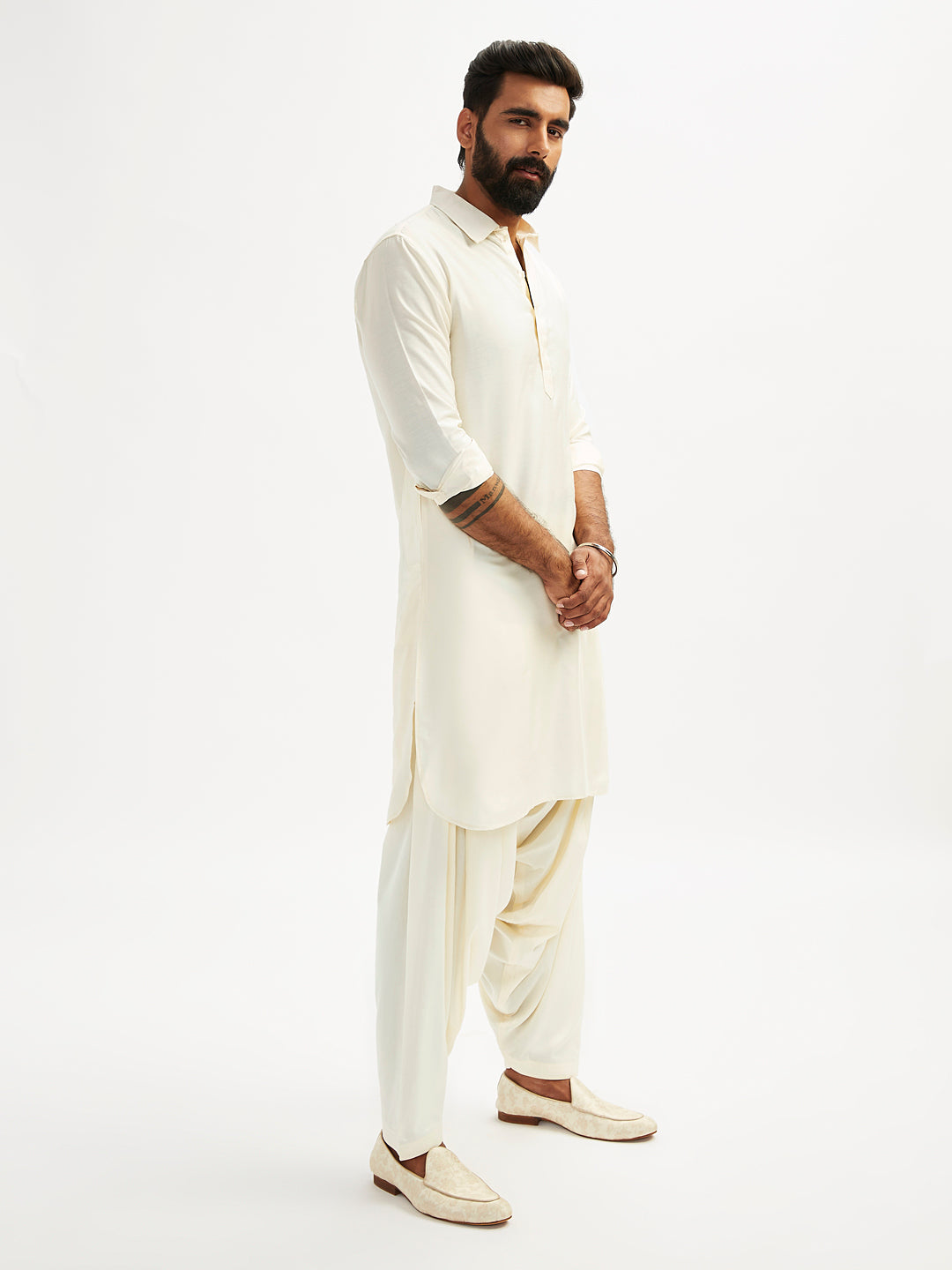 Men's Cream Viscose Pathani Kurta Set