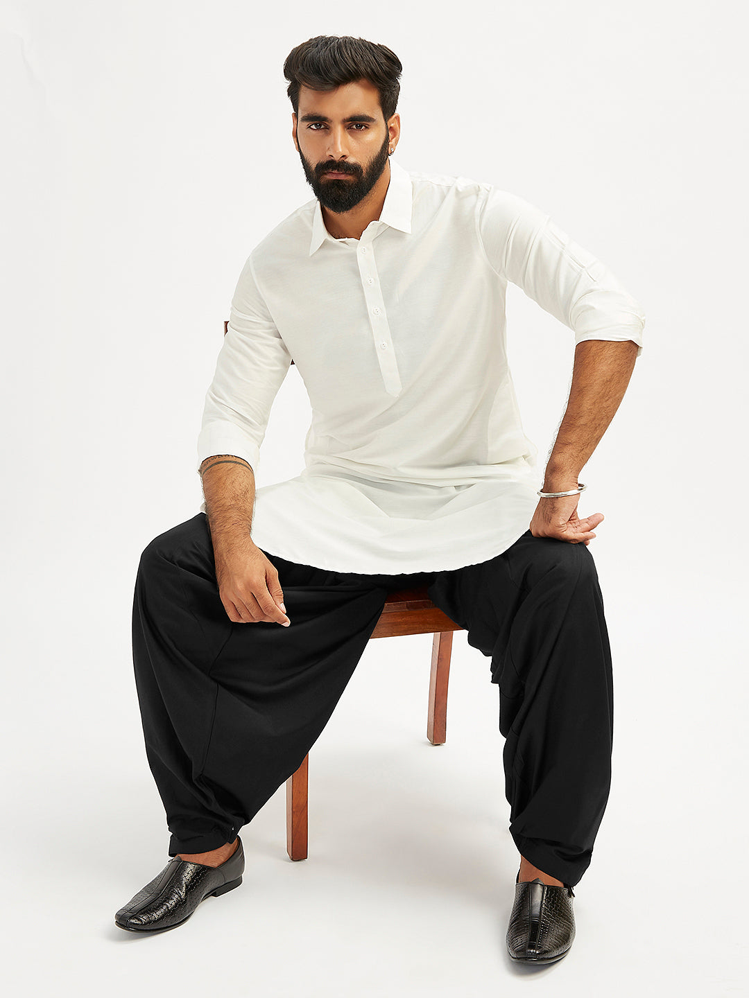 Men's White And Black Viscose Pathani Kurta Set