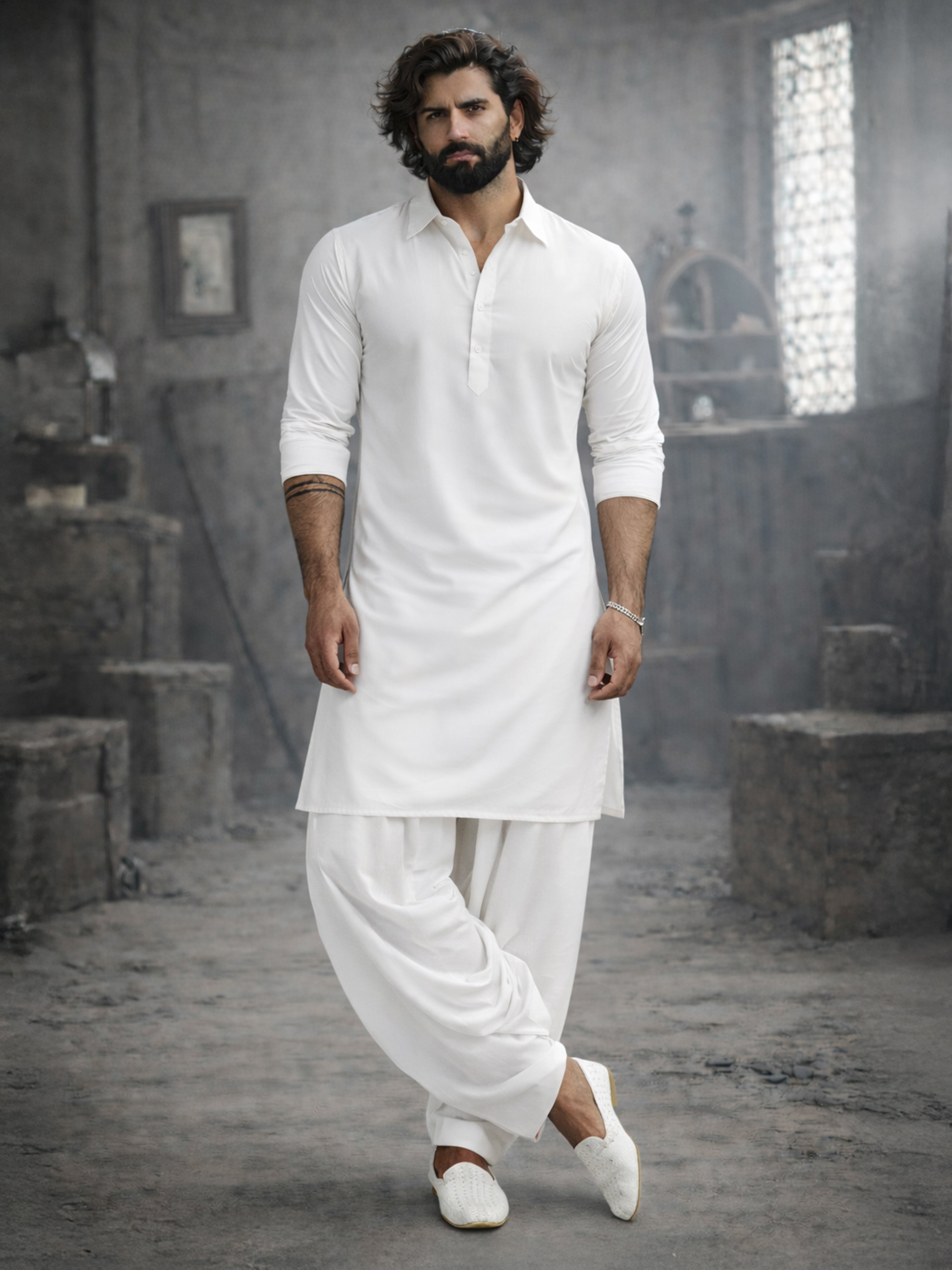 Men's White Viscose Pathani Kurta Set