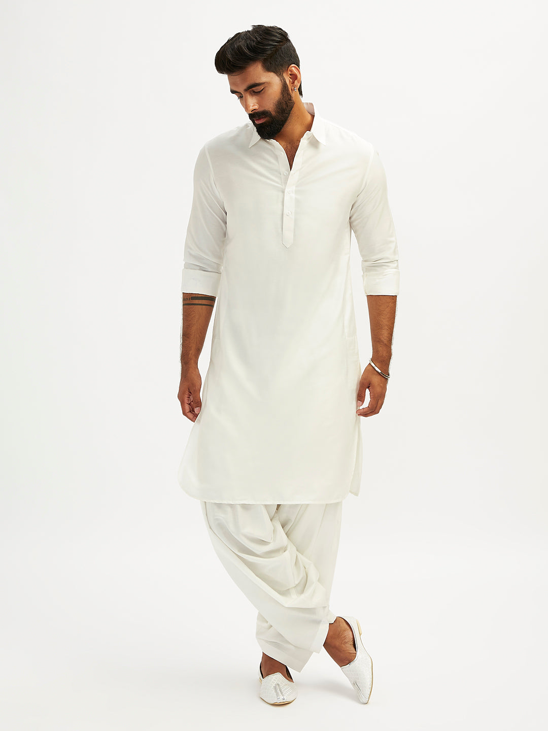 Men's White Viscose Pathani Kurta Set - Main Image