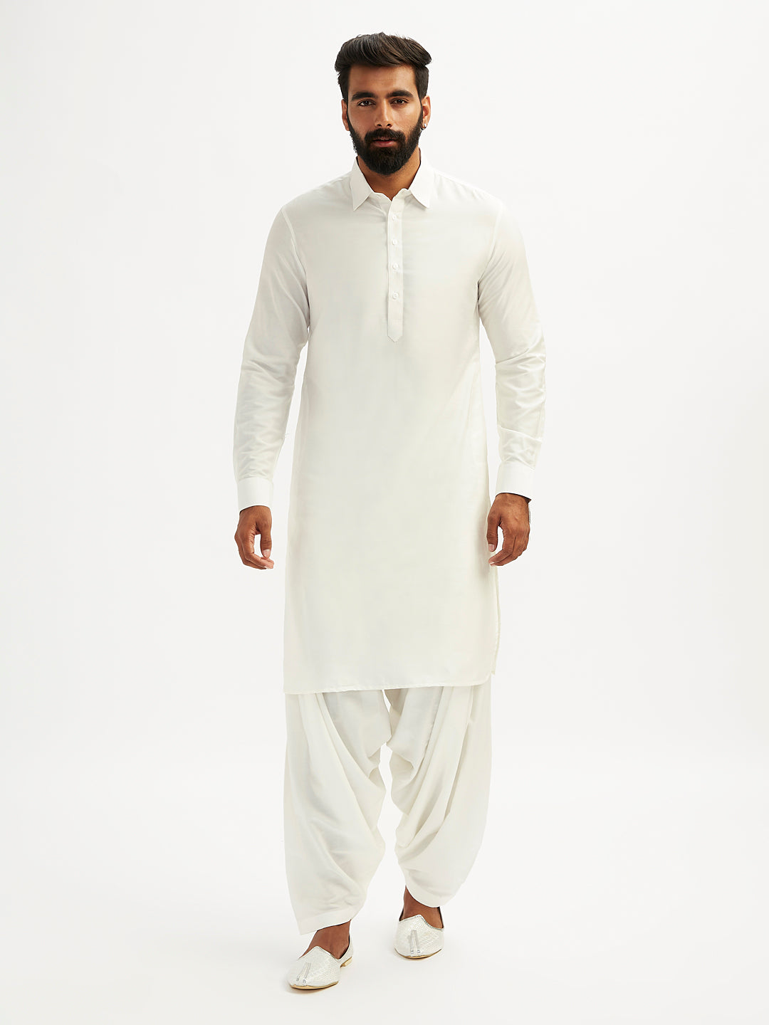 Men's White Viscose Pathani Kurta Set