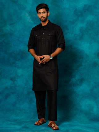 VASTRAMAY Men's Black Cotton Pathani Suit Set