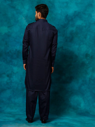 VASTRAMAY Men's Blue Cotton Pathani Suit Set