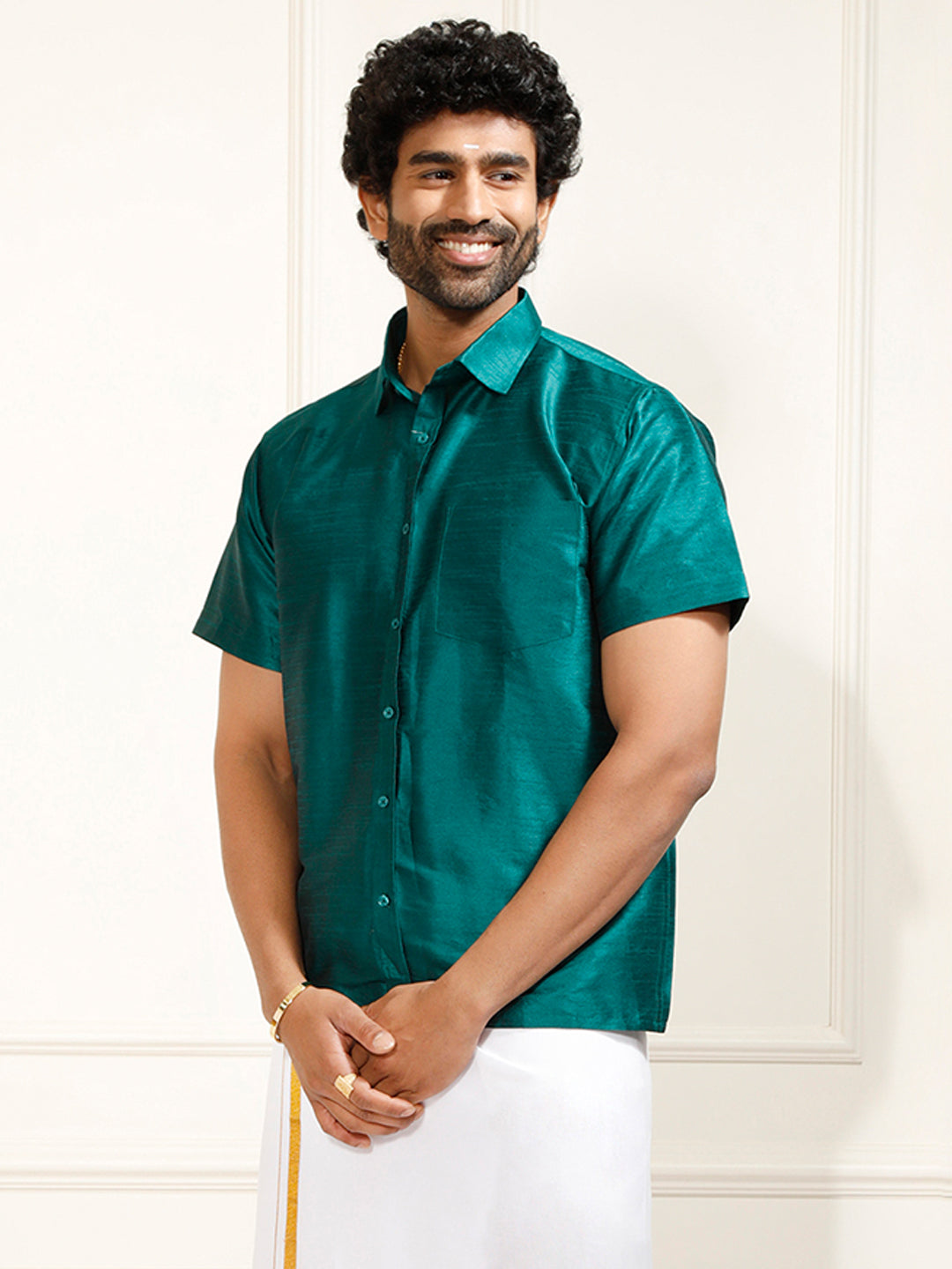VASTRAMAY Men's Green Silk Blend Ethnic Shirt
