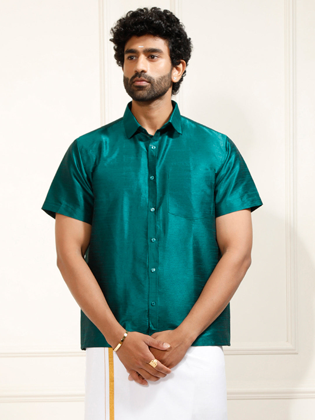 VASTRAMAY Men's Green Silk Blend Ethnic Shirt