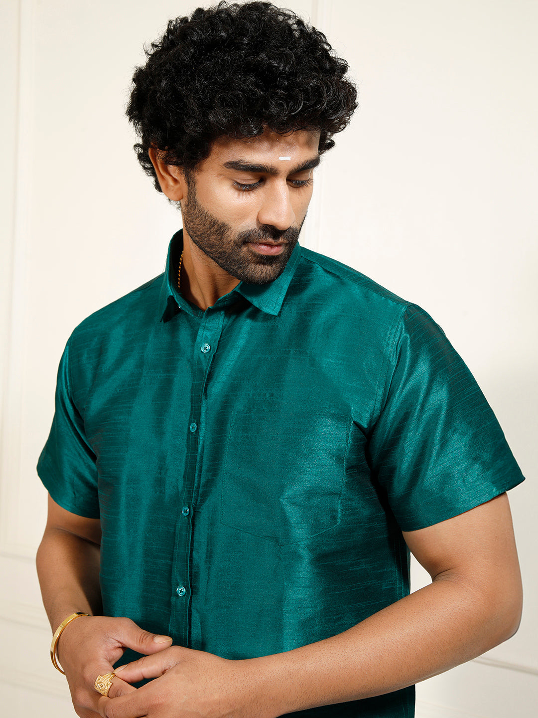 Men's Bottle Green Silk Blend Shirt And Mundu