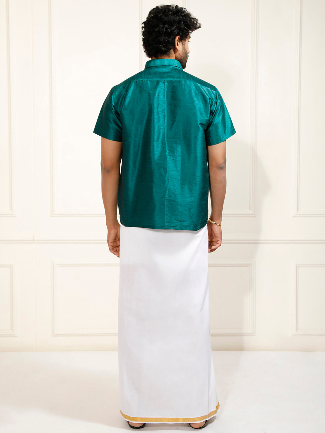 Men's Bottle Green Silk Blend Shirt And Mundu