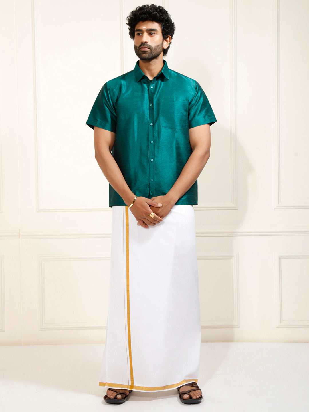 Men's Bottle Green Silk Blend Shirt And Mundu