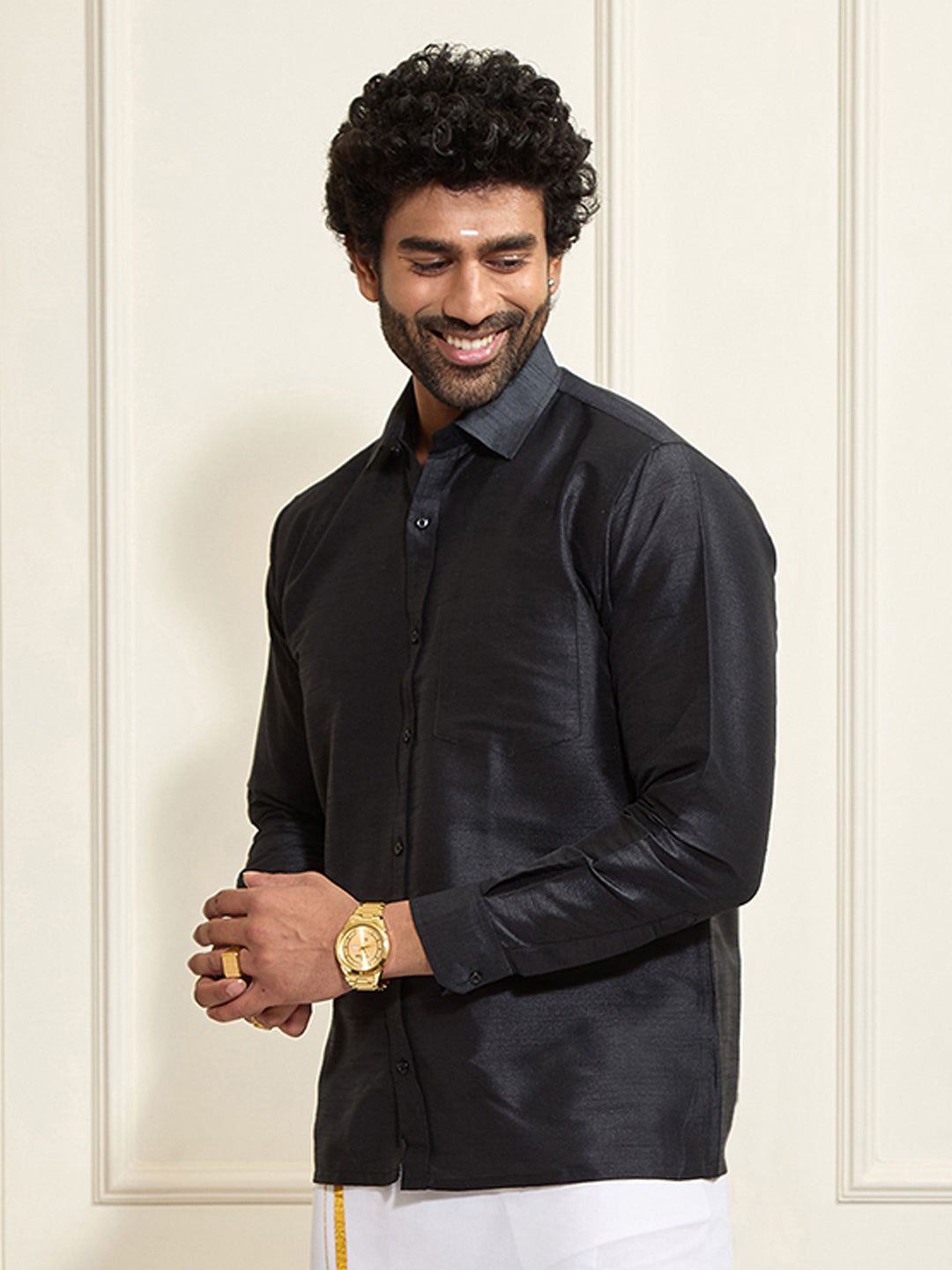 Men's Black Silk Blend Ethnic Shirt