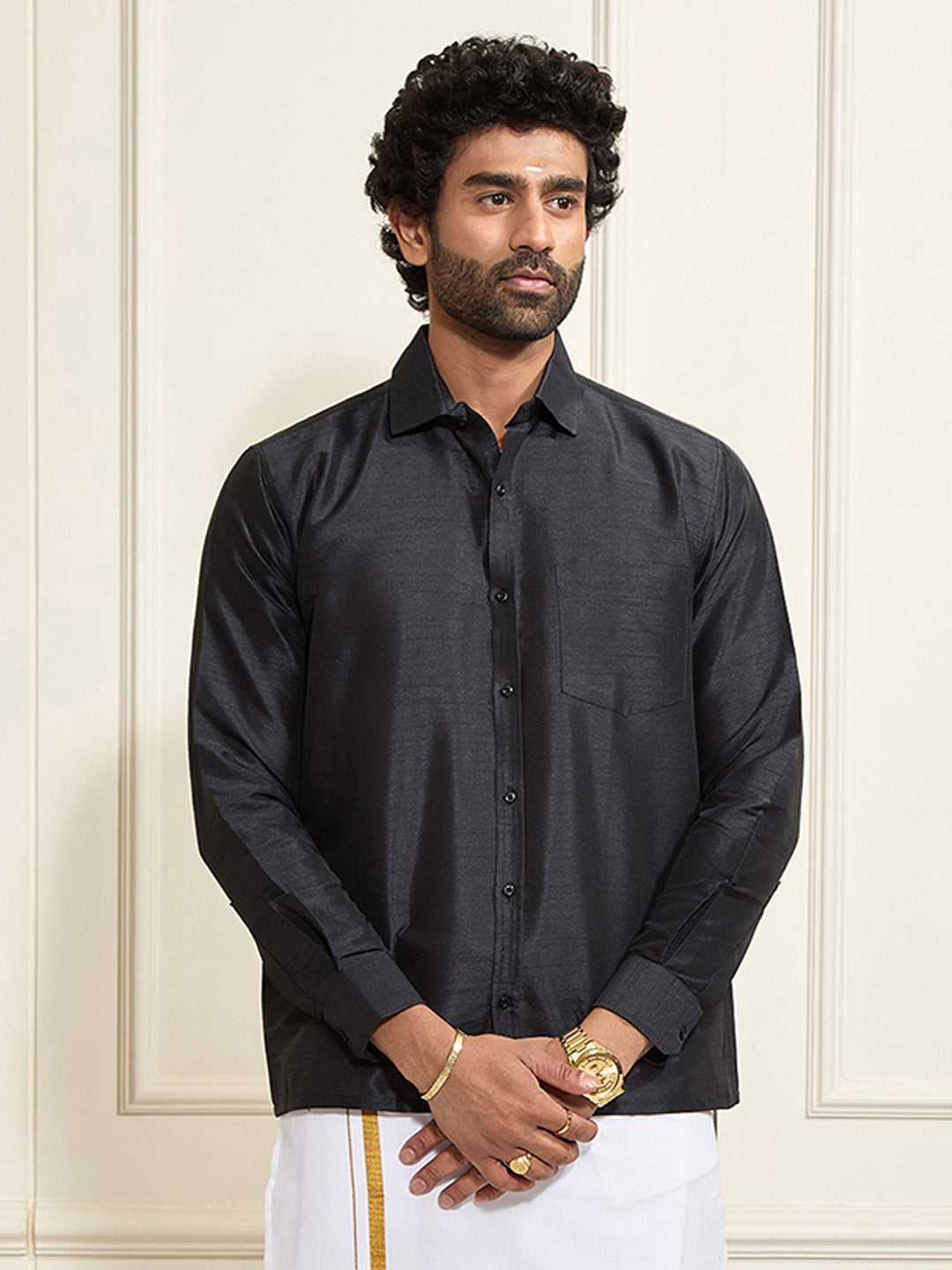 Men's Black Silk Blend Ethnic Shirt