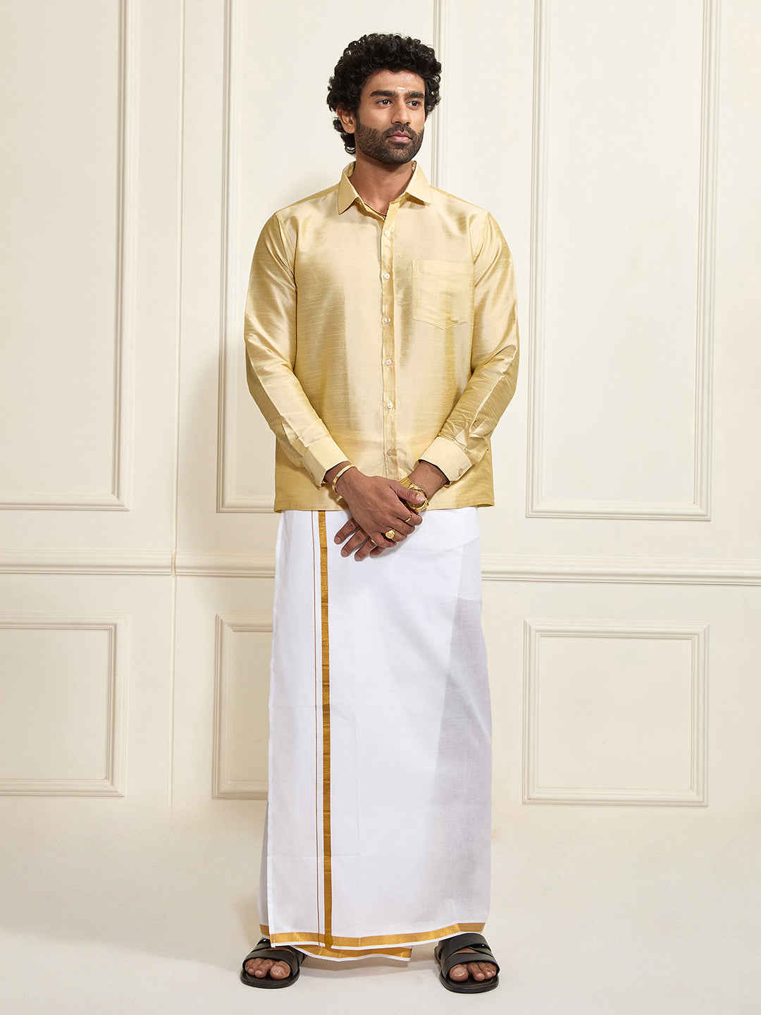Men's Gold Silk Blend Shirt And Mundu