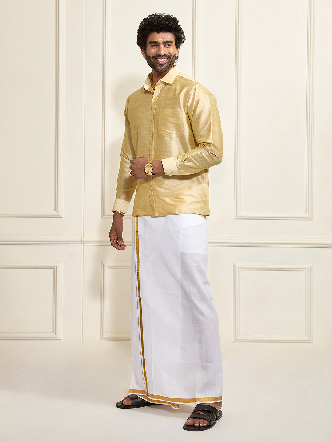 Men's Gold Silk Blend Shirt And Mundu