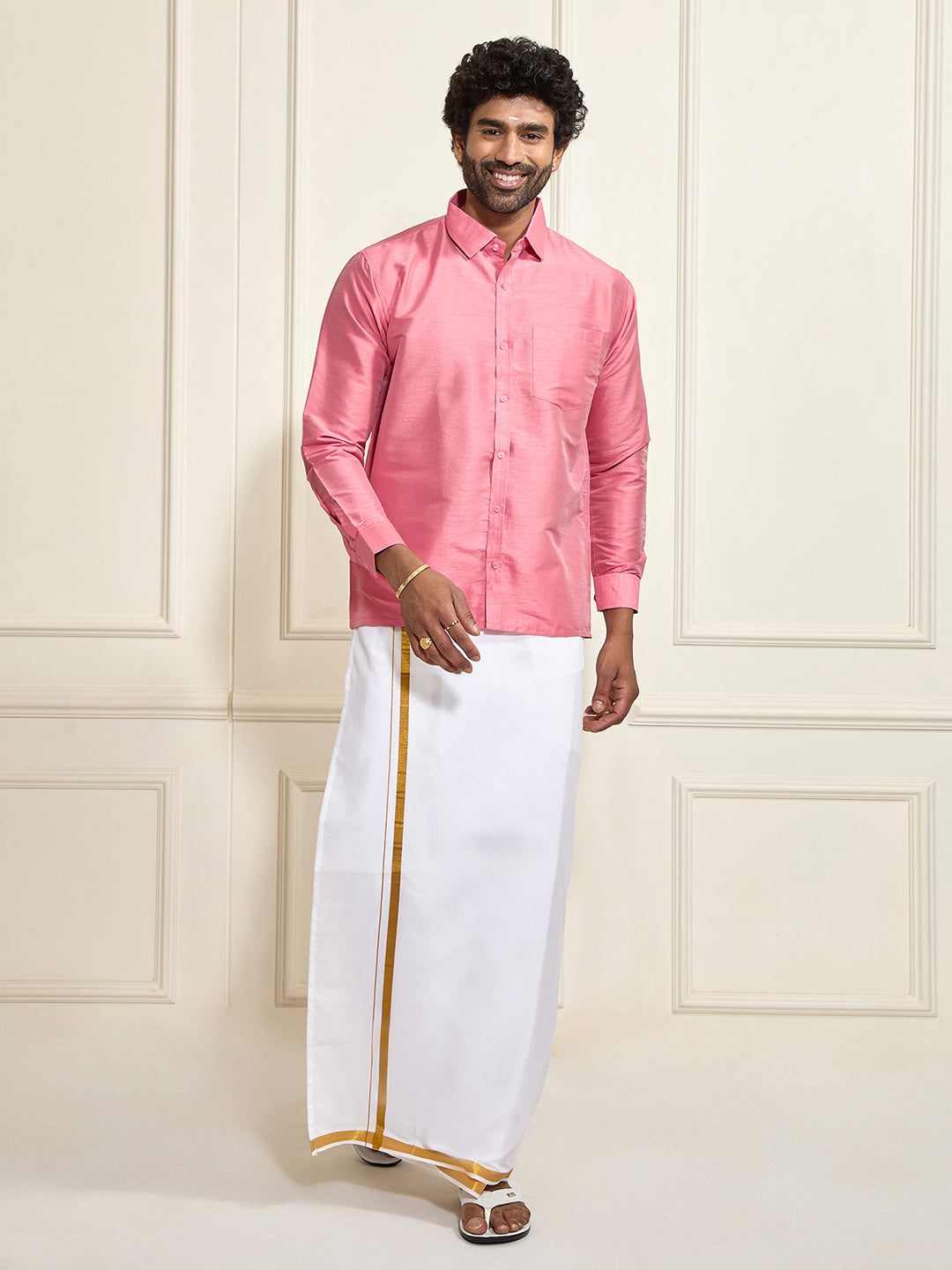 VASTRAMAY Men's Pink Silk Blend Shirt And Mundu