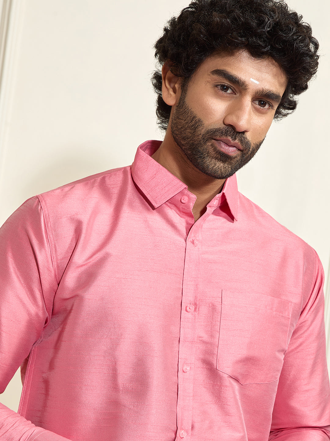 VASTRAMAY Men's Pink Silk Blend Shirt And Mundu