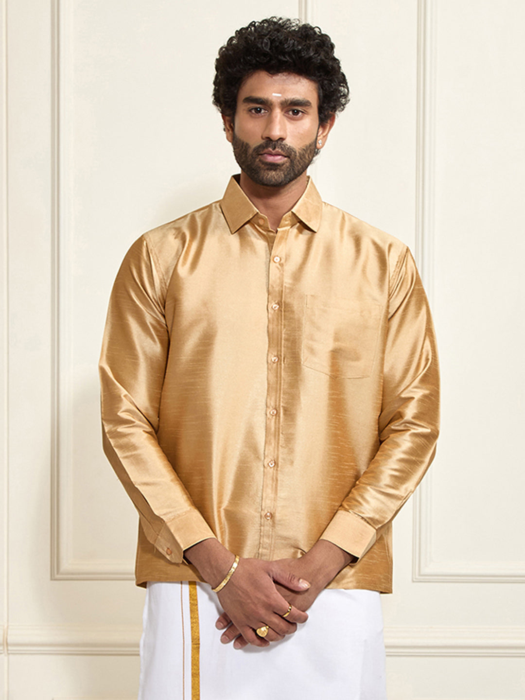 Men's Rose Gold Silk Blend Ethnic Shirt