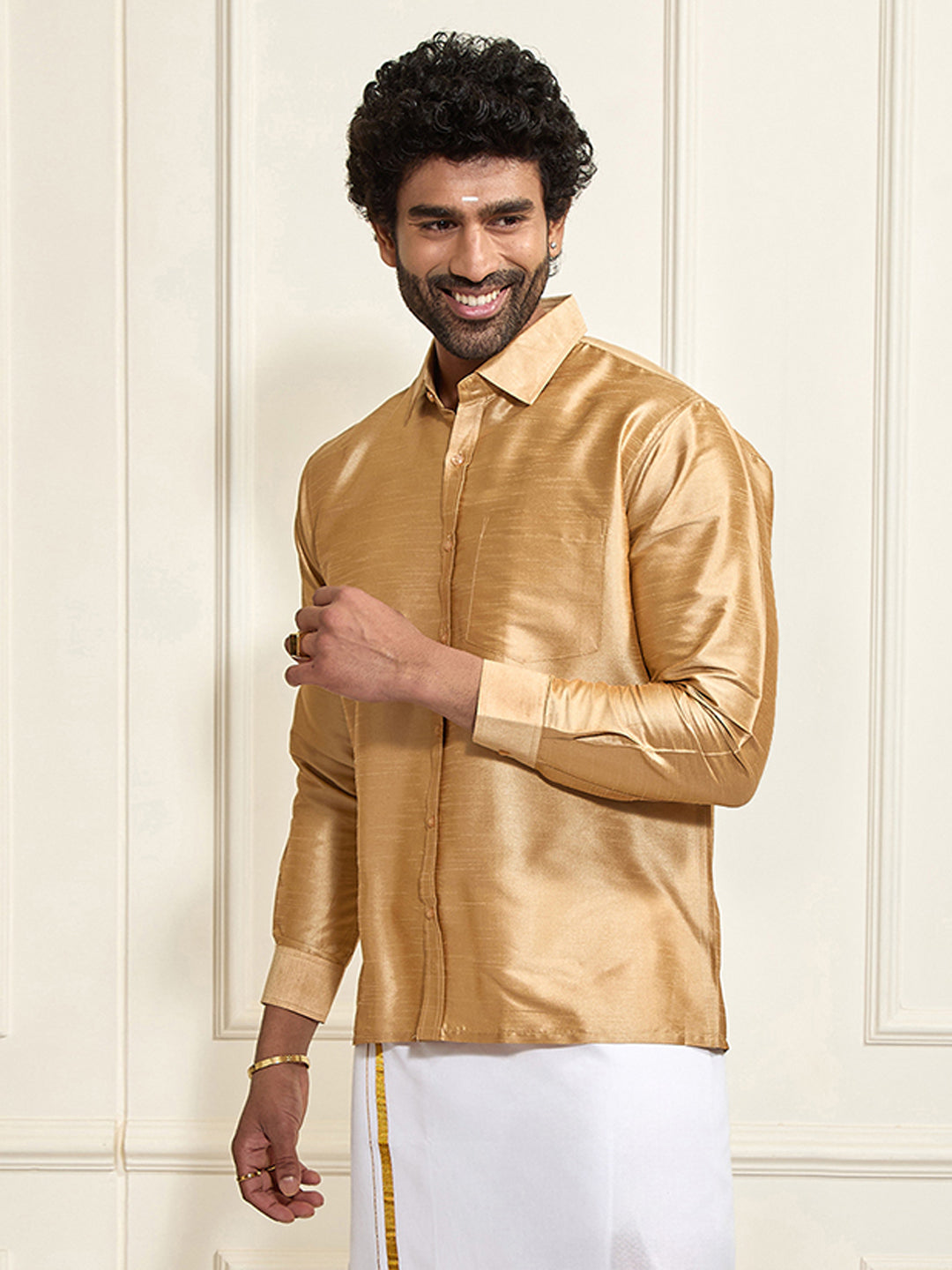 Men's Rose Gold Silk Blend Ethnic Shirt