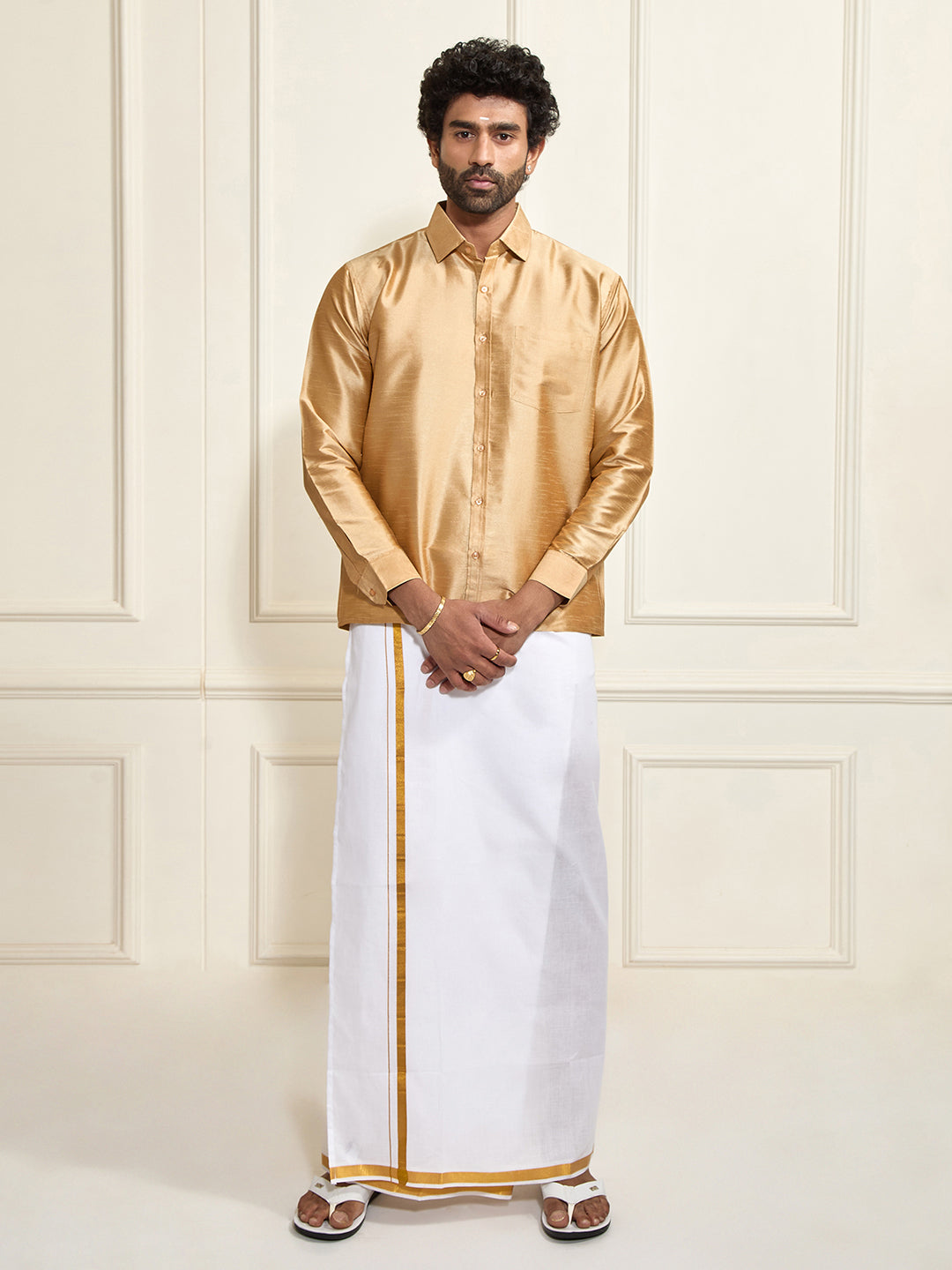 Men's Rose Gold Silk Blend Shirt And Mundu