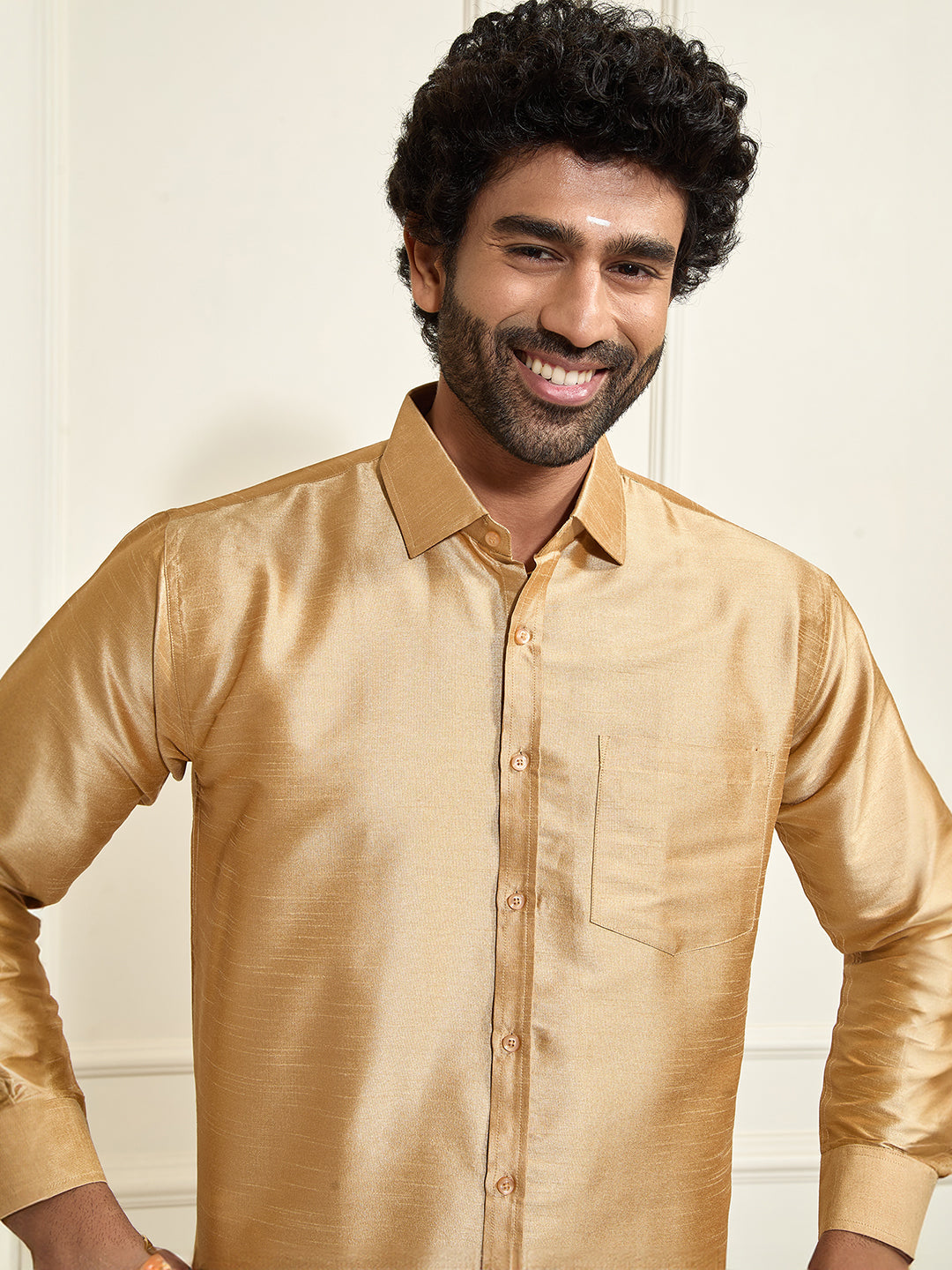 Men's Rose Gold Silk Blend Shirt And Mundu