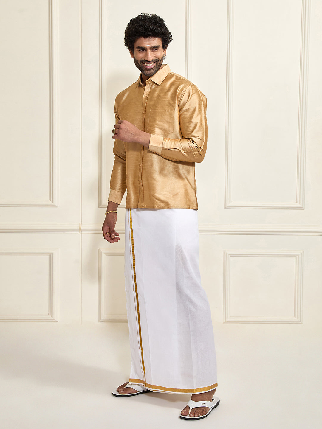 Men's Rose Gold Silk Blend Shirt And Mundu
