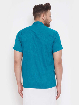 VASTRAMAY Men's Turquoise Cotton Blend Ethnic Shirt