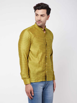 VASTRAMAY Men's Yellow Silk Blend Ethnic Shirt