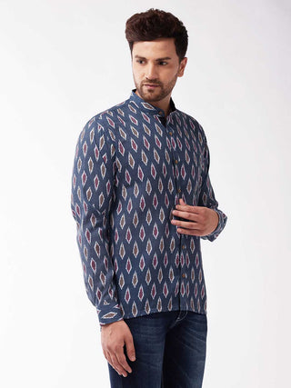 VASTRAMAY Men's Multicolour-Base-Grey Cotton Blend Ethnic Shirt
