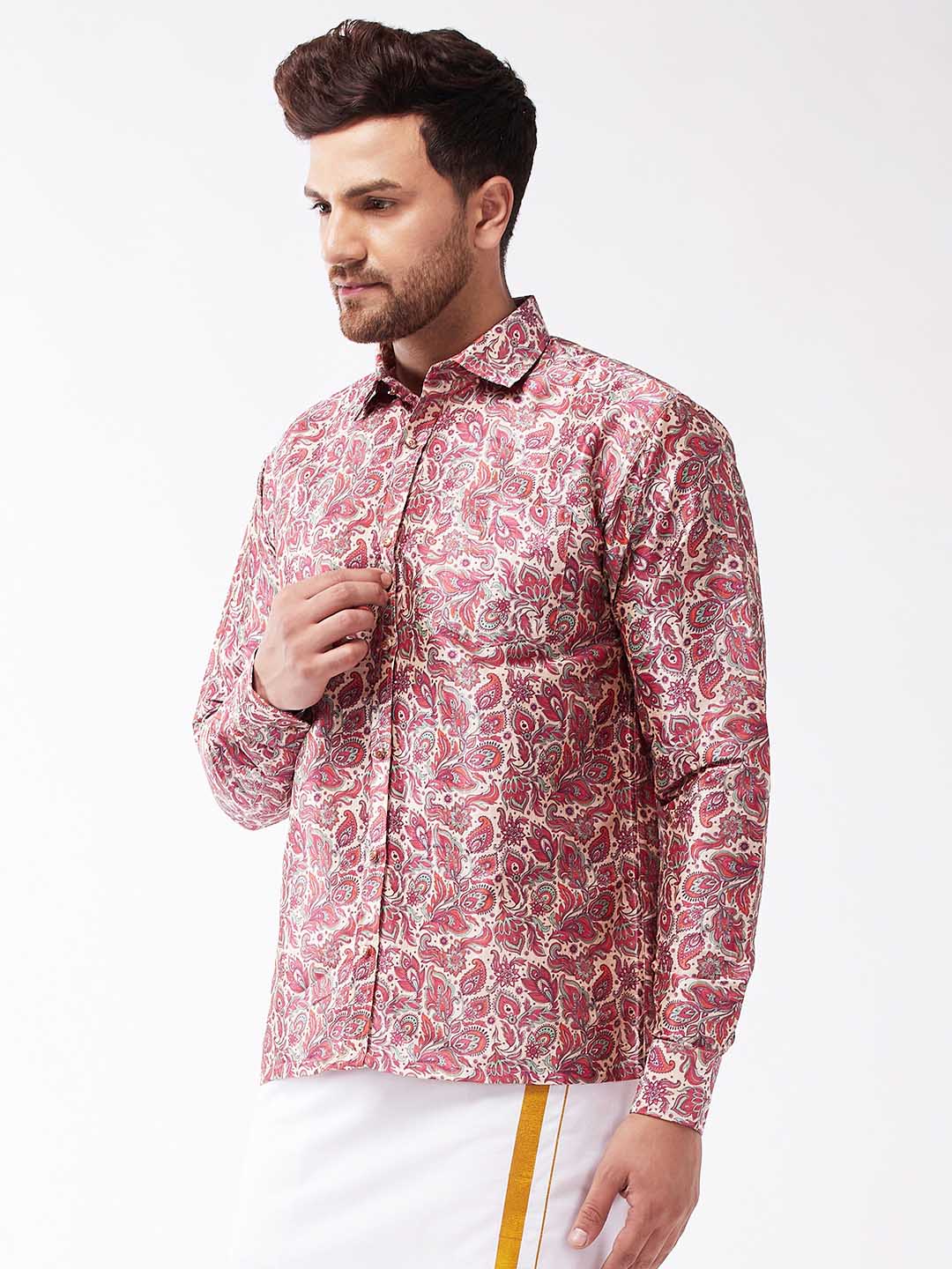 Men's Multicolour-Base-Pink Silk Blend Ethnic Shirt