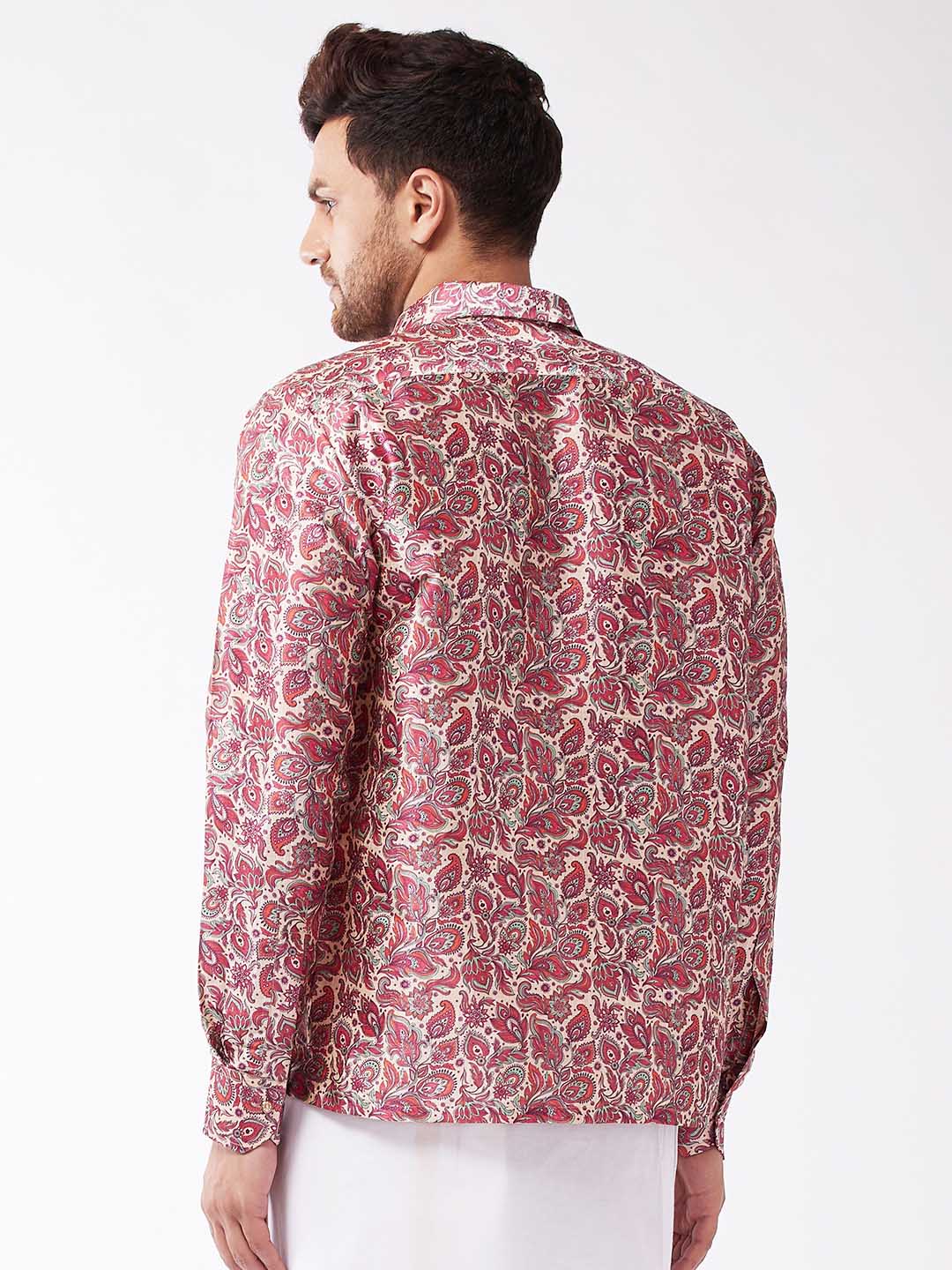 Men's Multicolour-Base-Pink Silk Blend Ethnic Shirt