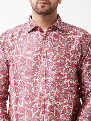 VASTRAMAY Men's Multicolour-Base-Pink Silk Blend Ethnic Shirt