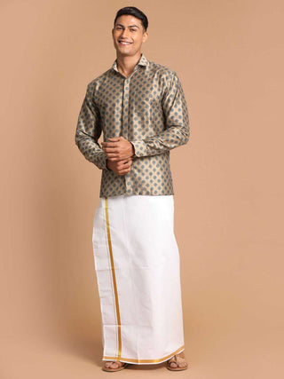 VASTRAMAY Men's Brown Silk Blend Printed Shirt