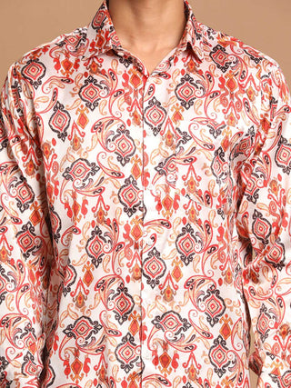 VASTRAMAY Men's Cream Base Cotton Blend Printed Shirt