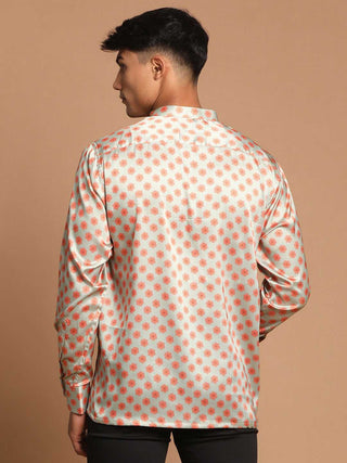 VASTRAMAY Men's Orange Silk Blend Printed Shirt