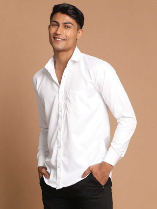 VASTRAMAY Men's White Cotton Solid Shirt