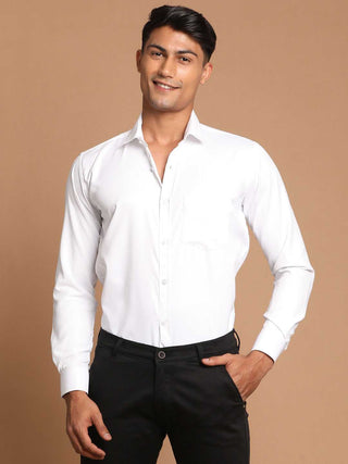 VASTRAMAY Men's White Cotton Solid Shirt