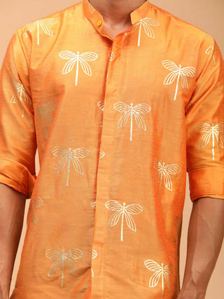 VASTRAMAY Men's Orange Foil Print Shirt