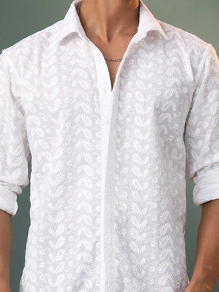 SHVAAS BY VASTRAMAY Men's White Chikankari Cotton Shirt