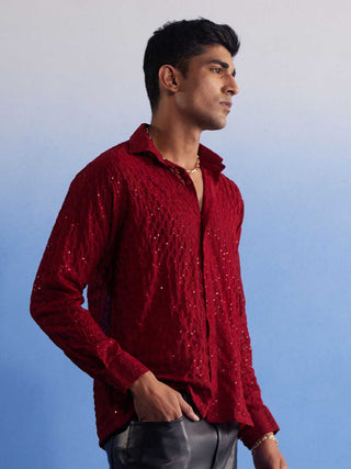 VASTRAMAY Men's Maroon Fancy Sequined Shirt