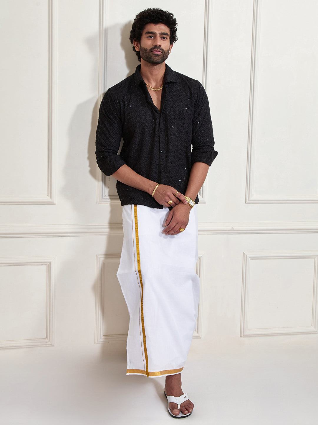 Men's Black Rayon Ethnic Shirt And Mundu Set