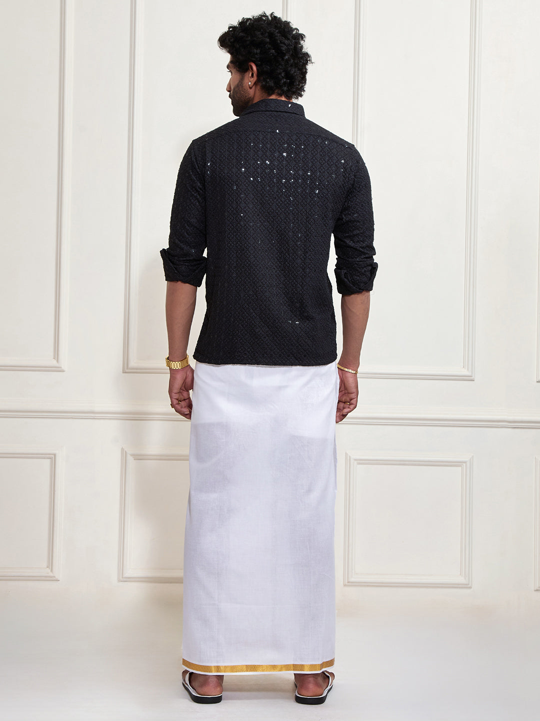 Men's Black Rayon Ethnic Shirt And Mundu Set