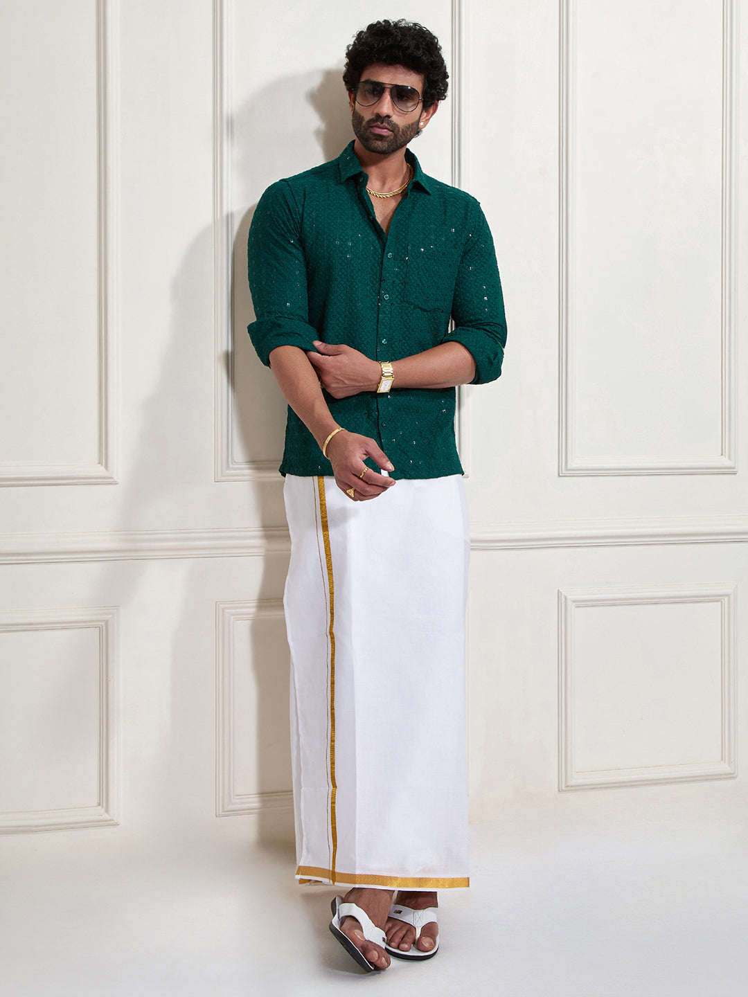 Men's Green Rayon Ethnic Shirt And Mundu Set
