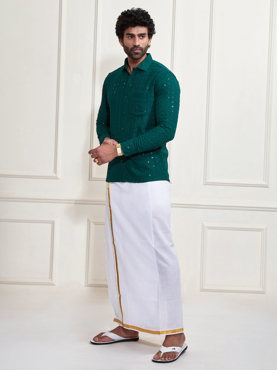 Men's Green Rayon Ethnic Shirt And Mundu Set