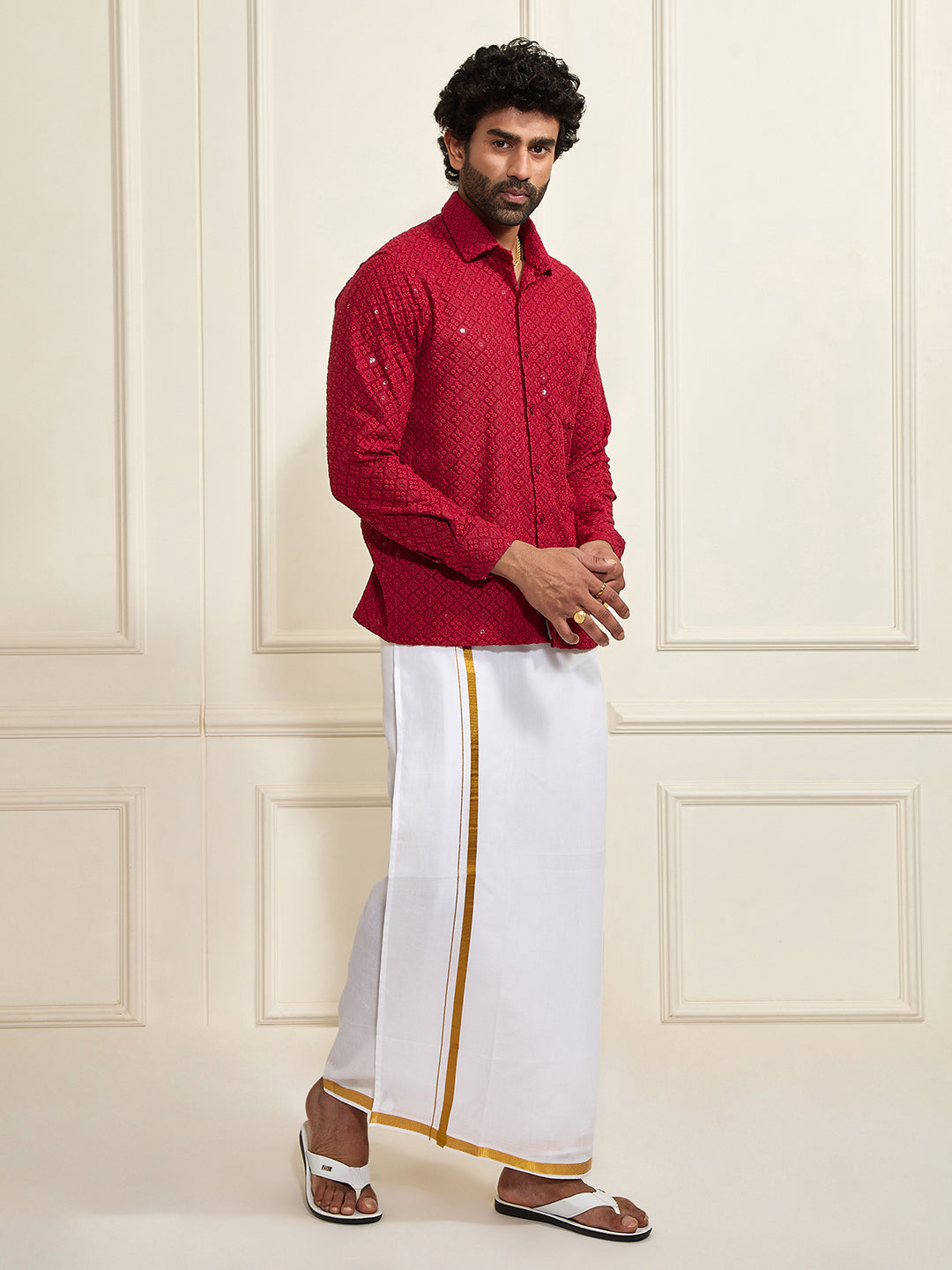 Men's Maroon Rayon Ethnic Shirt And Mundu Set